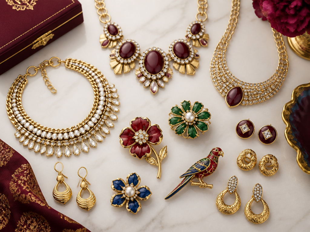 Colorful costume jewelry collection on marble surface