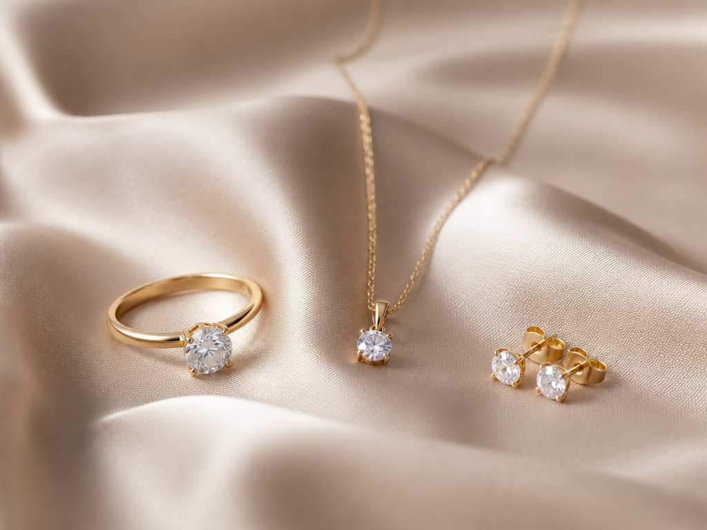 Fine diamond and gold jewelry on champagne silk
